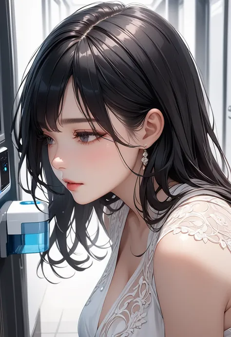 +masterpiece,  top quality ,  very detailed ,  beautiful face,  Rich Details , ( long black hair ),  perfect face without magic circle, entire,  close-up ,  big boobs,  white blouse, corridor, water purifier, The image of bowing down and floating