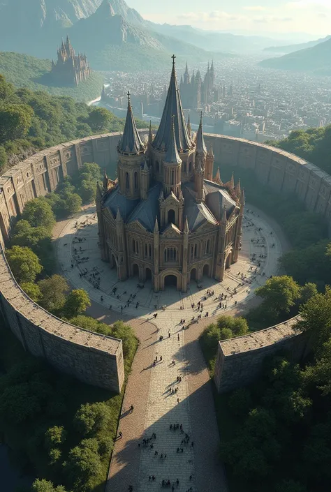 A massive medieval fantasy kingdom with a circular wall around and the point of perspective should be on the top and 30°