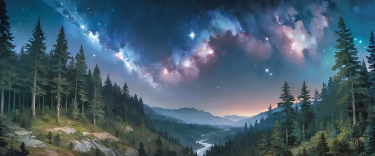 Precise old encyclopedia (best quality:1.2), (detailed:1.2), (masterpiece:1.2), vintage illustrations of a pine forest at night, pine forest, black sky with stars and galaxies and comet