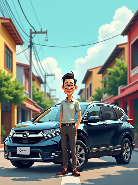 Cartoon image of the old man standing alone in front of a black Honda CRV, in cartoon style. He is slim, tall, Asian, wearing glasses, a polo shirt, and trousers, with a high and tight hairstyle , background is vietnam’s town