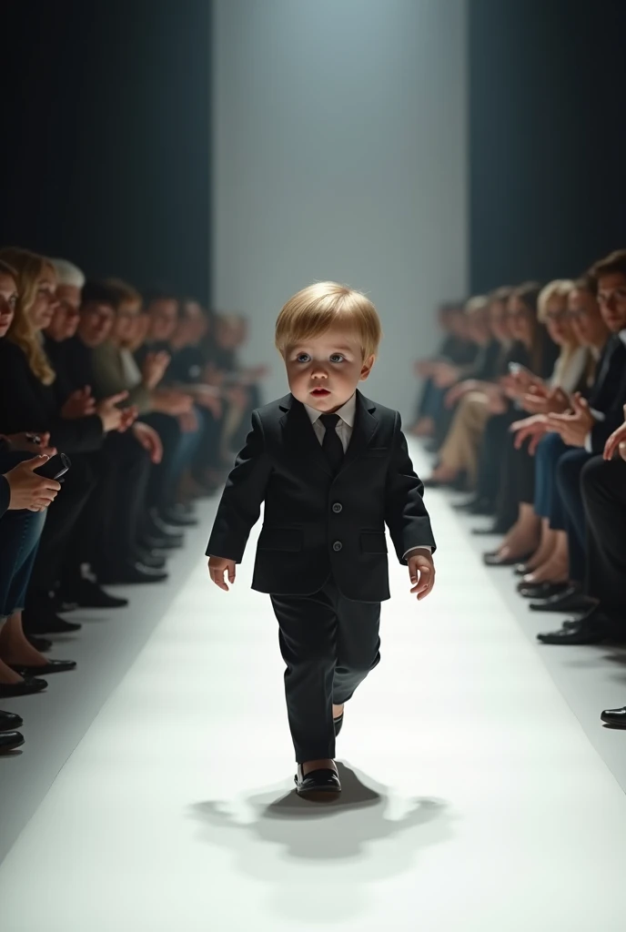 Create a picture of a baby on a runway . It looks like Angela Merkel 