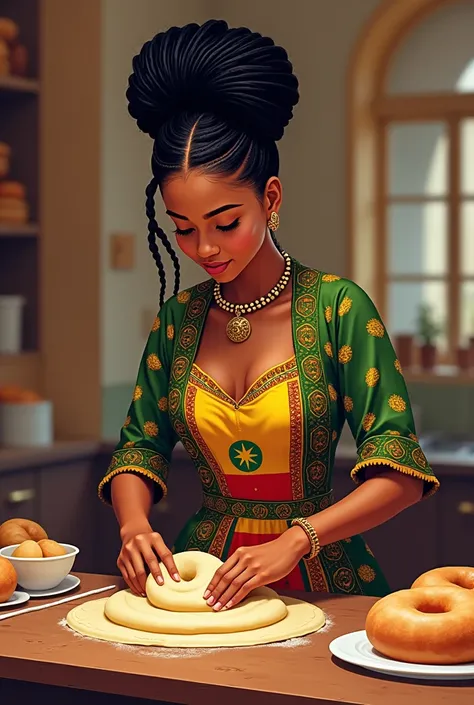 A logo for my bakery and pastry house make the girl habesha Ethiopia girl and ware Ethiopia flag dress  and her hair make it Ethiopia tradition braids hair and she have to act like she is making the doughlooking Down and sideways 
 
Name of the logo  “Taw ...