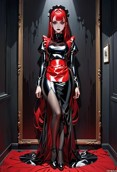  Highest image quality , masterpiece fails,  Portrait painting , Japanese,25+,Model, girl of incredible beauty,evil, full height, long hair , straight brow bangs , red lace latex apron ,latex maid outfit ,covers the whole body,fits snugly to the body, long...