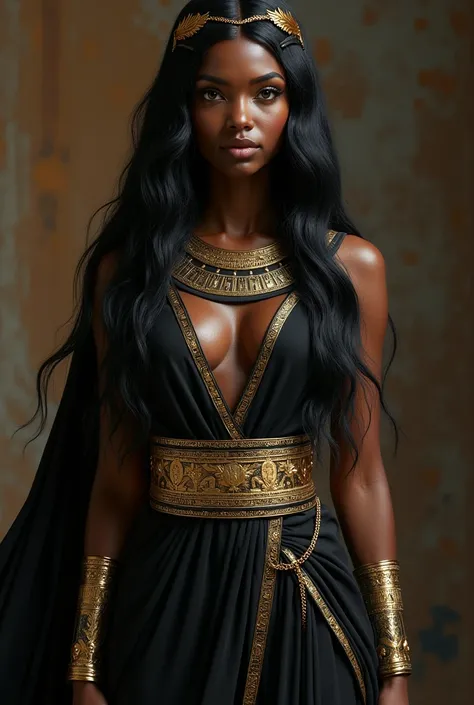 The woman is a vision of stunning beauty, her ebony skin radiant and glowing with an otherworldly smoothness that accentuates her graceful features. Her long, straight hair, a striking metallic black, cascades down her back like a liquid stream of polished...