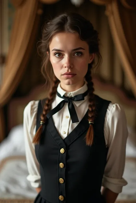 A masterpiece photo of a bedroom of a majestic 18th century British mansion. Before the bed stands a petite 20yo woman with brunette hair braided around her head and brown eyes. She is wearing a traditional butlers uniform and looking into the camera with ...