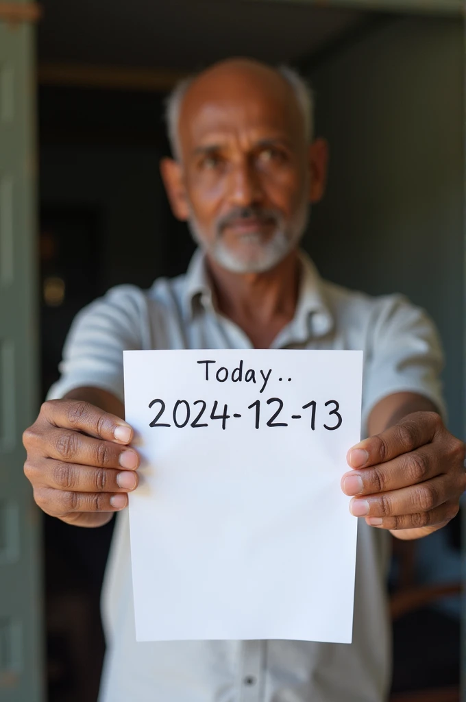 Todays date is 2024-12-13 and a photo of yourself holding a piece of paper with your handwriting on it. The person in the photo should be a thin person, he about 43 years old. Should be a Sri Lankan. Should be a man. Not a girl or a woman.His face should b...