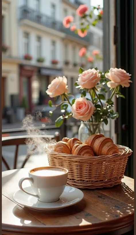 The image shows a cozy table in a cafe. There is a white cup and saucer on the wooden table, from which steam rises, indicating a hot drink, probably coffee. Next to the cup is a wicker basket with croissants. A bouquet of pale pink roses in a vase is visi...