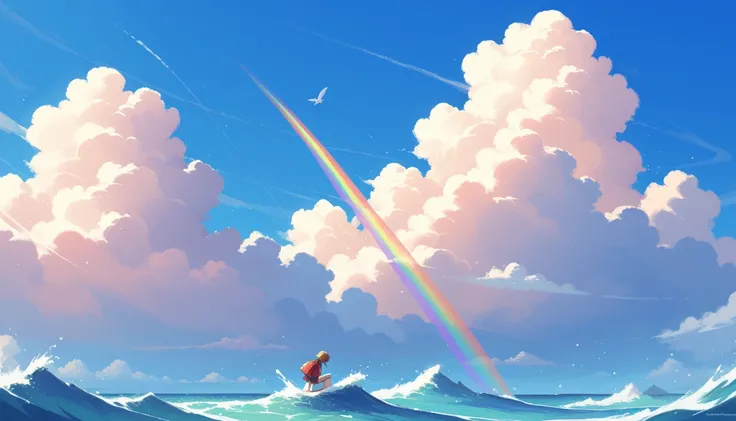 blue sky and white clouds background illustration。For ren。 simple。 bright 。rainbow