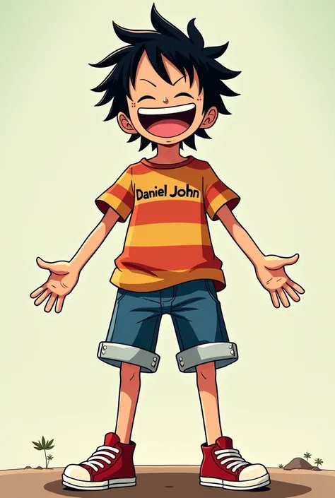 Luffy was laughing while wearing a striped t-shirt with the name DANIEL JOHN on it, wearing converse shoes