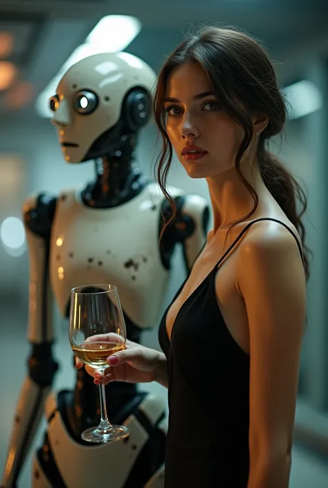 (attractive girl in tight evening dress), action pose, looking at viewer, holding glass of wine, next to her robot of outdated design with scuffs and faded paint: 1.2, (best quality, photorealistic, 8k, HD:1.2), futuristic background, hyperrealistic, chiar...