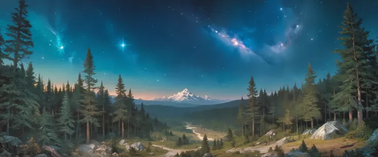 Precise old encyclopedia (best quality:1.2), (detailed:1.2), (masterpiece:1.2), vintage illustrations of a pine forest at night, pine forest, black sky with stars and galaxies and comet