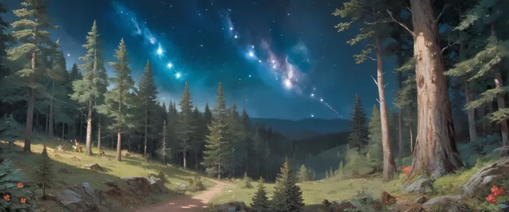 Precise old encyclopedia (best quality:1.2), (detailed:1.2), (masterpiece:1.2), vintage illustrations of a pine forest at night, pine forest, black sky with stars and galaxies and comet