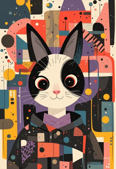   A tabby with an adorable face says 「meow」,black,white, purple ,red, yellow,brown,Surreal collage,a contemporary artistic collage,collage artwork,  the jacket on the new album  ,  Great Job  !! ,digital collage、(collage ),collage art,contemporary collage,...