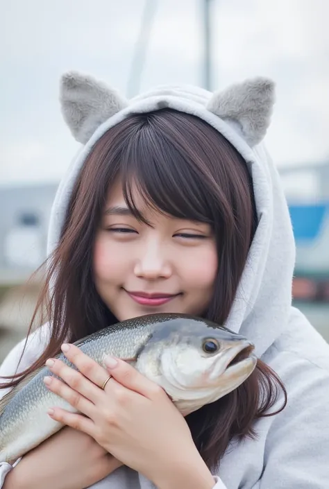 masterpiece, 4K, Bokeh, (Cute:1.5), ( beautiful girl:1.3), ( Japanese idol :1.6), (Fox ears:1.3) , ( white hoodie:1.3),  (I love fish :1.6),  blushed,  cowboy shot , ( hug a cute sleeping fish :1.5), ( closes the eye:1.3), (The background is fishing port  ...