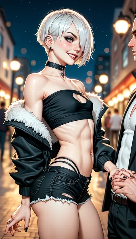 2 character, 1 big and muscular-male (no-face); 1 petite Goth girl shorter than the male (around his upper arm), size difference, piercing, white hair, hair over one eye, tube top, sagging jacket, ((micro-ripped-shorts)), navel, small breast, big ass and b...