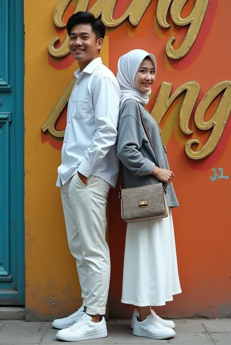 an Asian man wearing a white shirt, white trousers, Nike shoes, together with an Indonesian woman wearing a hijab, wearing a gray shirt, white skirt, Nike shoes, carrying a branded bag, back to back, looking at the camera and smiling, standing near the wal...