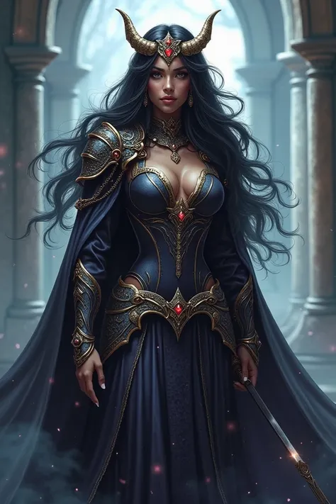 The image is an illustration of a fantasy character, likely a powerful female warrior or sorceress, dressed in elaborate armor and a flowing cloak. She has long black hair and is adorned with a radiant crown and various jewelry. The background features a m...