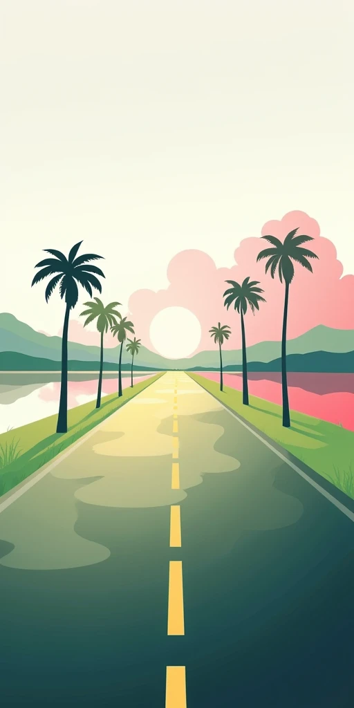 A long, straight road stretches into the distance, lined with palm trees on either side.  The road is dark gray asphalt with a bright yellow center line.  The sky is a mix of vibrant pinks and purples, resembling a sunset or sunrise.  Fluffy clouds are sca...