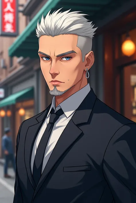 Buzz cut man , with formal dress, silver earrings both ear
A little serious look
Anime 
Handsome man
Goatee