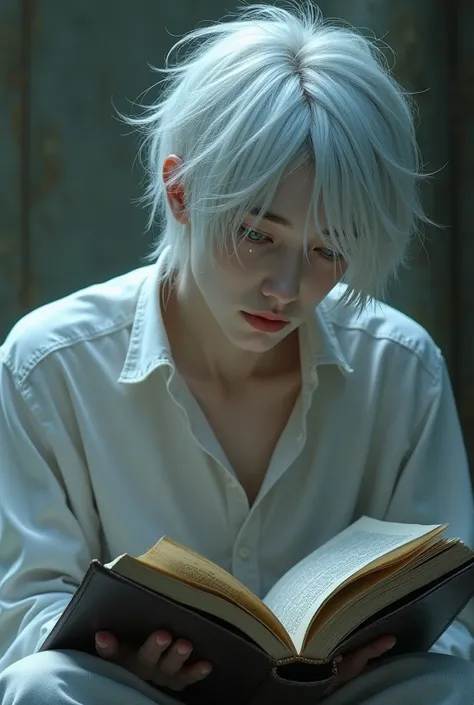 A male person has white hair, blue eyes, pale skin and pink lips reading a book with tears in his eyes, a slender build and a slender complexion.