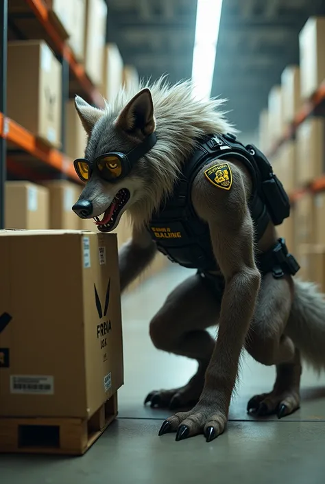 Accurate, Long Hair, High Resolution, Breasts, Tongue, Border, Goggles, Depth Of Field, Behance, wolf,furry, feral, armoured police vest, sniffling boxes eith her nose, airport cargo room 