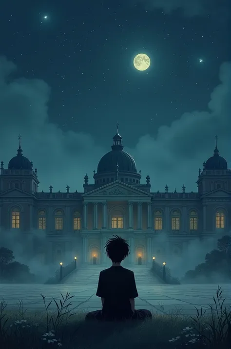 (Set on sit of palace) (black shirt) (sad) (alone) ( boy) (night) (moon and stars)