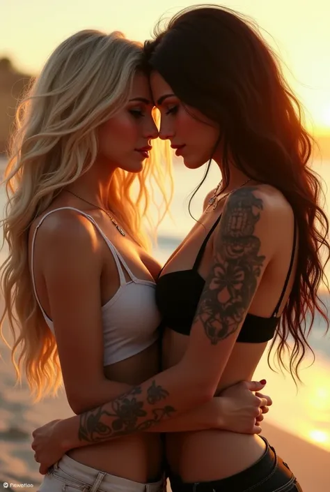  you blond long hair ,  rather sweet and subtle makeup,  and the other black hair ,  a tattoo on the upper arm  ,  hair is also long ,  possibly on the beach  ? A hot scene  