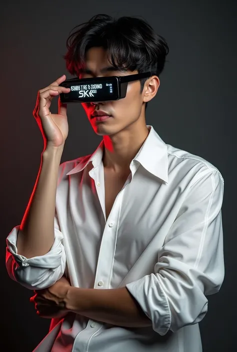 Fashion photo in the studio SXR brand features a handsome Korean model showing off a handsome SXR wet white shirt, a figure of a doll, a skinhead wearing VR SXR glowing glasses, holding a black 14 *The 16-inch shows off the front straight SXR print in a ca...