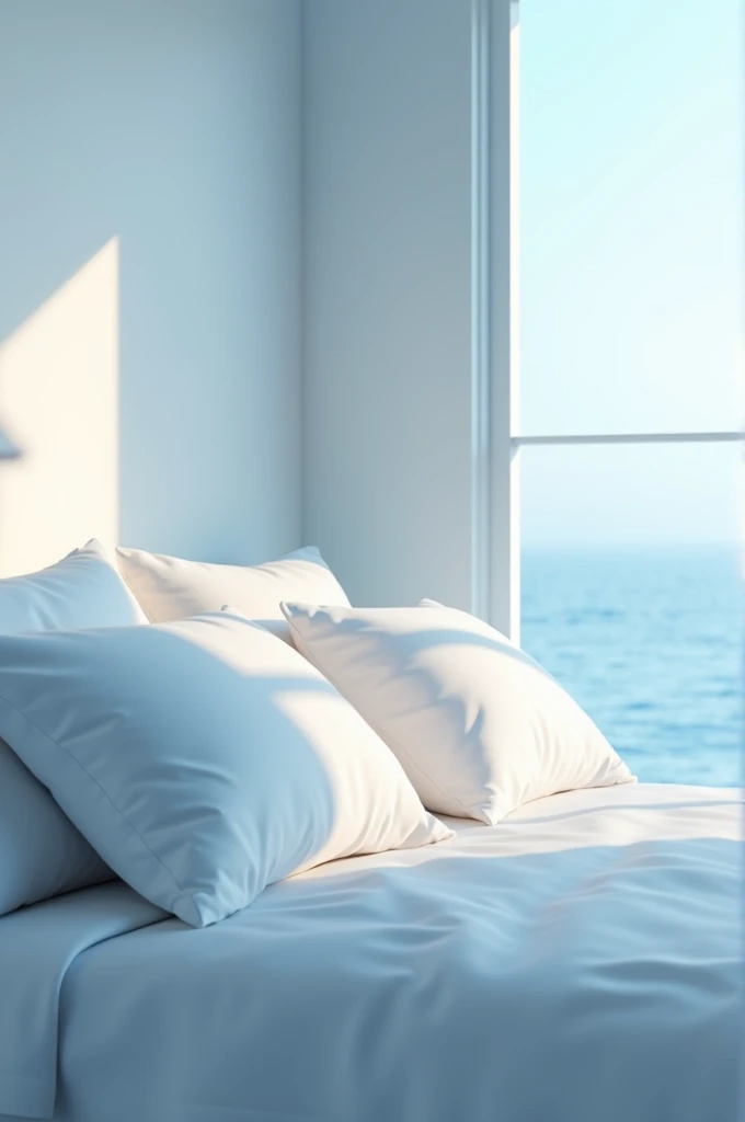 Pillows placed on a white bed with graphics showing temperature changes (ice and sunlight). Colors used: blue, white and grey.