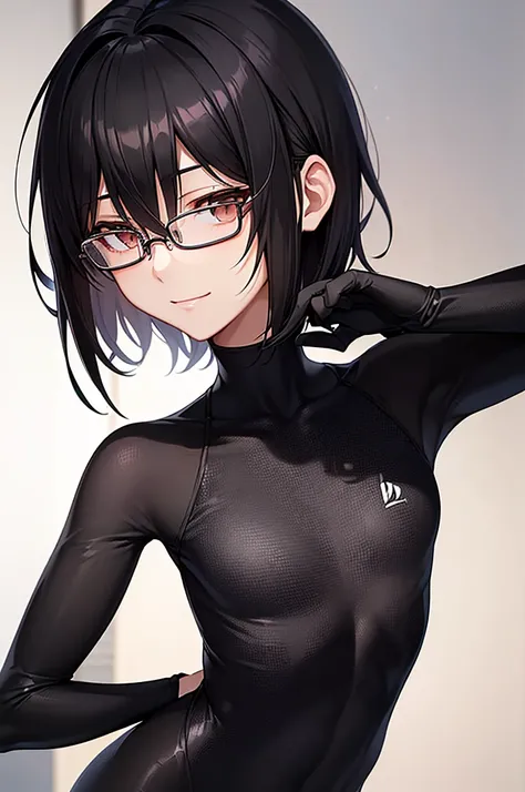 masterpiece, best quality,anime style, 1 girl,(((slender body))),(((athlete suit))), (((small breast))), (beautiful face), (((short hair,glasses))), (((straight hair))), ((((black hair)))),detailed beautiful skin, (perfect hands, perfect anatomy),smile