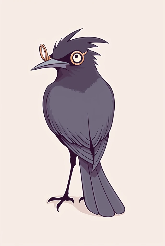  Magpie with a monocle on her eye ,  painted in the 2D style of one broken line in pastel gray-purple tones without a background. Head down ,  looks mocking 
