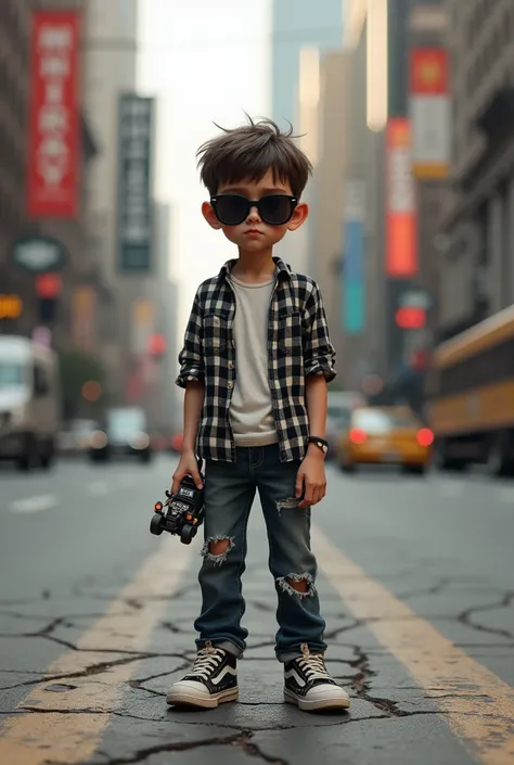 A 1 boy is standing in the street with a pair of ripped pants, a black and white shirt, sunglasses, and a One Five car.