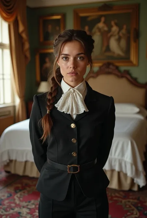 A masterpiece photo of a bedroom of a majestic 18th century British mansion. Before the bed stands a petite 20yo woman with brunette hair braided high on her head and brown eyes. She is wearing a traditional butlers uniform with jacket and pants and is loo...