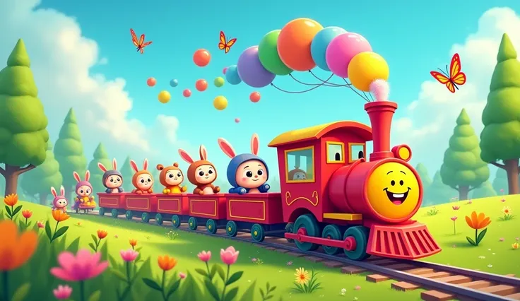 "Design a vibrant cartoon-style image featuring an animated alphabet train carrying all the Hindi alphabets from the rhyme (अ, आ, इ, ई, उ, ऊ, ऋ, ए, ऐ, ओ, औ, अं, अ:). Each alphabet character is seated in open carriages with expressive features like smiling ...