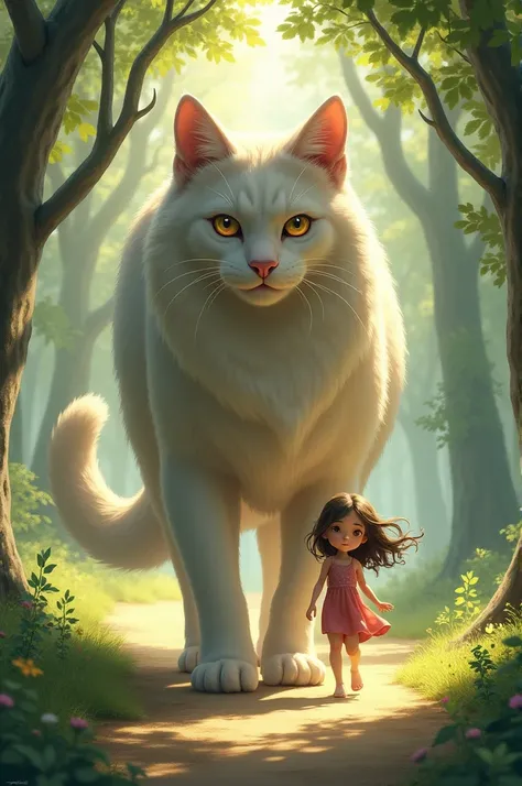 Make me a picture of a girl walking with a giant cat