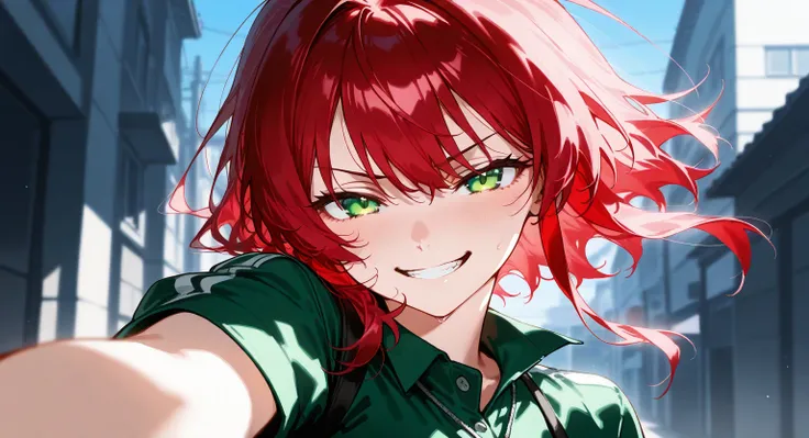  1 girl、red hair, emerald green eyes,Grinning face