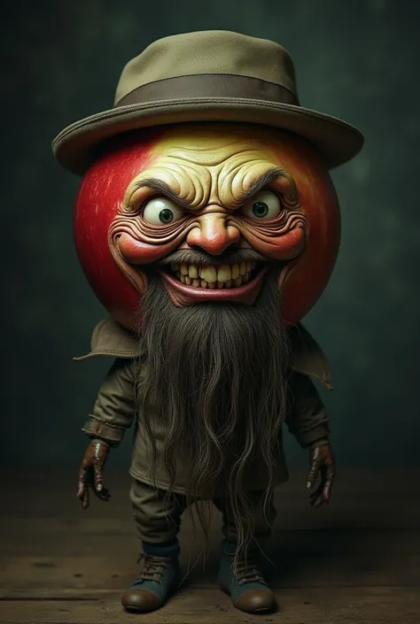 Create an apple with a hat and beard with a creepy face 