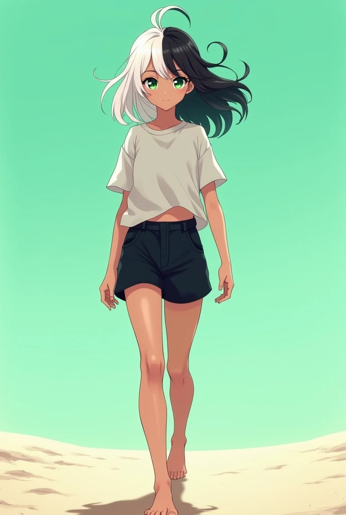 Attractive teenager ,  Half White and Half Black hair ,  emerald green eyes , parts,  Big orange boy ,  Barefoot black shorts ,  walks on a plain like a .  anime style