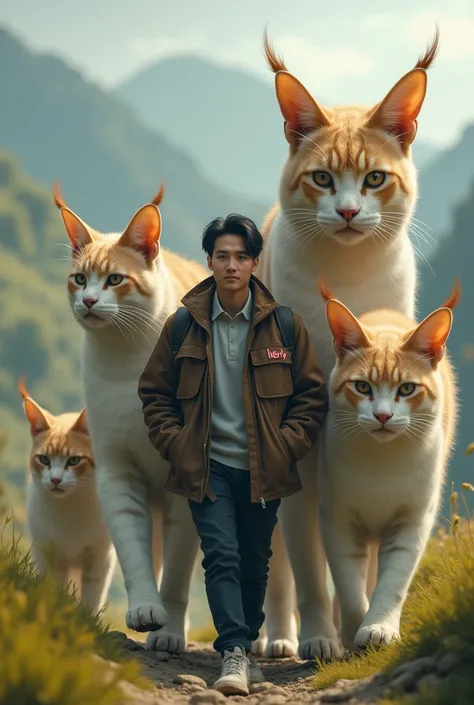 A Korean man dressed in a jacket in a jacket has a name *herly *and walk together giant cats walk together