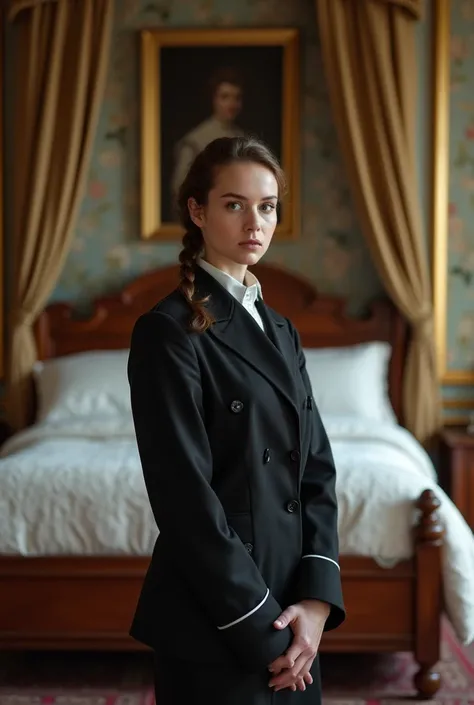 A masterpiece photo of a bedroom of a majestic 18th century British mansion. Before the bed stands a petite 20yo woman with brunette hair in one braid and brown eyes. She is wearing a traditional butlers uniform with jacket and pants and is looking into th...