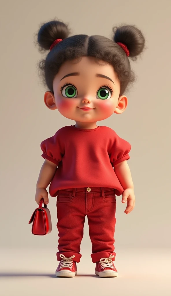 An ultra-realistic scene of a baby girl standing with a confident and joyful expression. She wears a red blouse and red jeans that fit her soft, small frame perfectly. Her hair is styled in soft, natural curls, and she holds a small red handbag in one hand...