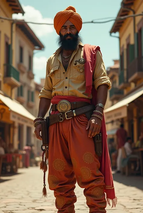 A cowboy dressed in a turban long mustache trousers shirt in Punjabi style adds an Italian piirai vibe in the background