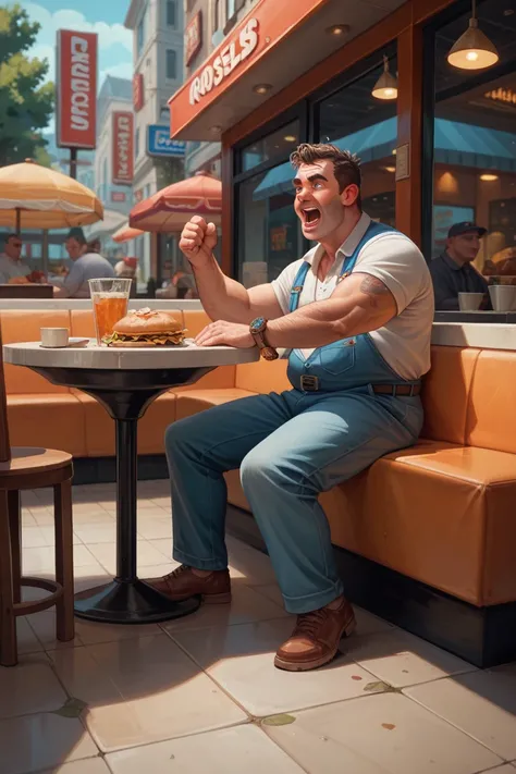 a restaurant owner standing, angerly and shouting, looking to a homeless man in tattered clothes, homeless man is sitting in the restaurant (full body image)