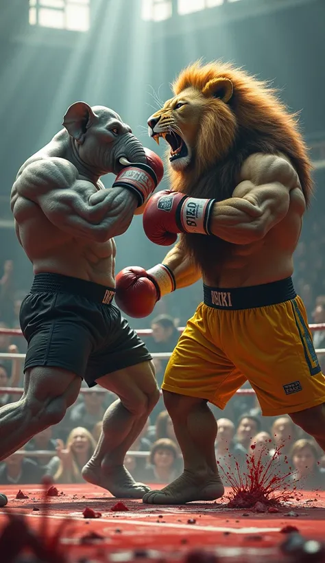 A light grey bodybuilder male elephant wearing black boxing short and give  foot kick on chest of lion and blood clots rising in air from lion chest and terrible blood arises from lion chest and a giant Male lion wearing yellow boxing short standing in box...