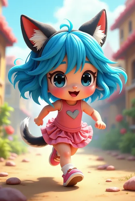 a girl with blue and white hair with a puppy tail without ears with all black eyes cute cartoon style running