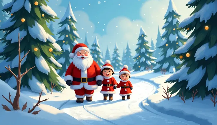 The character, along with Santa Claus and his friends, walk on a beautiful and cheerful snowy road