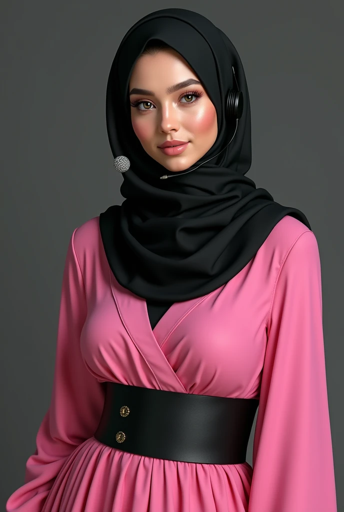 (photorealism:1.2), beautiful woman, wearing pink dress, no opened chest, big breast, with wide black belt on her belly, using black pashmina hijab, dont show the her hair, wearing head-worn microphone on her cheek, not a headphone, not a headset, european...