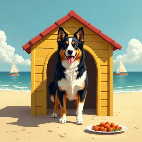  create an image with a big and furry dog , Ears standing up,  of the São Bernardo breed ,  coming out of its yellow wooden house , with red roof ,  on the sand of a deserted beach .  In the background there is the sea ,  with little sailing boats .  The d...