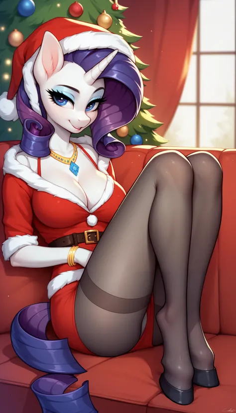 score_9, score_8_up, score_7_up, Rarity, mlp, anthro, 1girl, purple eyes, solo, two curly top hair with hair strands on the side, tight body suit pantyhose, soft breasts, cleavage, jewellery, 1girl, solo, Christmas, (hood with white fur), skirt, hooves, fu...