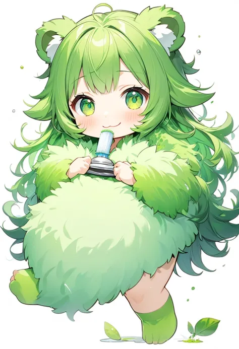 (beautiful and delicate), (Chibi Character illustration), break, (full body, focus face), (Grooming style), age 312, solo, ((beautiful green Fluffy body hair skin)), ((hair flaps)), (vivid green hair), (medium hair), (ultra immensely cute bear Woman), (cut...